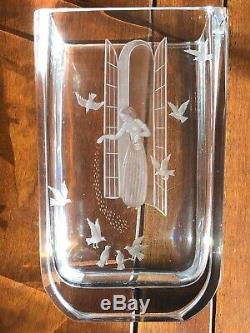 Orrefors Landberg Crystal Vase Etched Cutting Woman Birds Signed Sweden 8 Glass