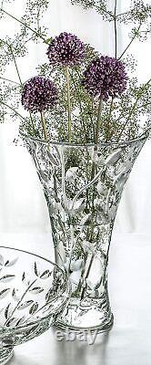 Oversized Crystal Vase 11 Inch Made in Italy Cut design leaf decoration Wide Top