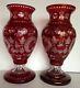 Pair Antique Bohemian Castle Crystal Glass Ruby Cut To Clear Vases Large 12