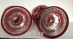 PAIR Antique Bohemian Castle Crystal Glass Ruby Cut to Clear Vases Large 12