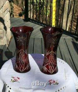 Pair 2 Vintage Bohemian Czech Art Glass Cut To Clear Red Ruby Crystal Vase