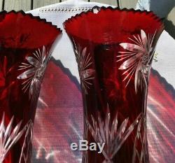 Pair 2 Vintage Bohemian Czech Art Glass Cut To Clear Red Ruby Crystal Vase