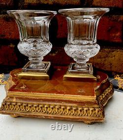 Pair Antique French Bronze Cut Crystal Glass Vase Urn