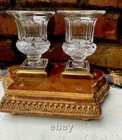 Pair Antique French Bronze Cut Crystal Glass Vase Urn