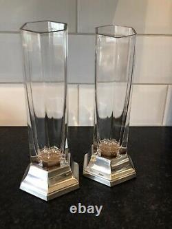 Pair Carrs Sterling 925 Silver Hallmarked And Cut Glass Crystal Hexagonal Vases