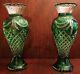 Pair Impressive Large Green Cut To Clear Bohemian Art Glass Crystal Vases 15.5
