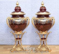 Pair Large Russian Cut Glass Urns Vases Stands Imperial Crystal