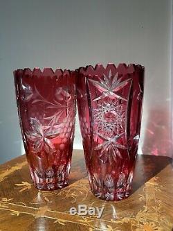 Pair Of Lausitzer Hand Cut Crystal Cranberry Sawtooth Mantle Vases 8.5 Bohemian