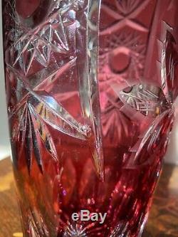 Pair Of Lausitzer Hand Cut Crystal Cranberry Sawtooth Mantle Vases 8.5 Bohemian