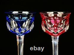 Pair Of SIGNED Moser BRISTOL Crystal Red & Blue Panel Cut to Clear Win Glasses