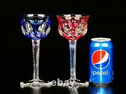 Pair Of SIGNED Moser BRISTOL Crystal Red & Blue Panel Cut to Clear Win Glasses