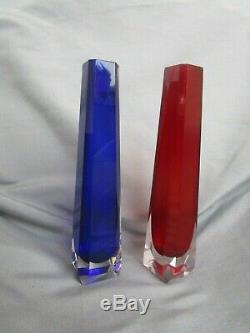 Pair of Antique Vintage Art Deco Moser Faceted Cut Glass Crystal Vases Red Blue