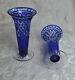 Pair Of Bohemian Blue Cut To Clear Glass Vases Vasi Cristallo Blu, Boemia C1960