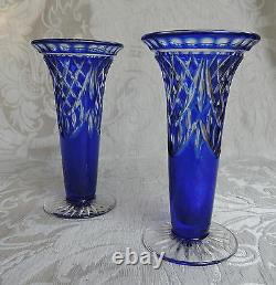 Pair of Bohemian Blue Cut to Clear Glass Vases Vasi cristallo blu, Boemia c1960