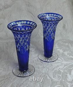 Pair of Bohemian Blue Cut to Clear Glass Vases Vasi cristallo blu, Boemia c1960