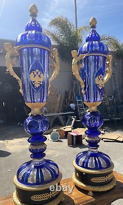 Pair of Hand-Cut Crystal, 24k Gilded Vases with Double-Headed Eagle