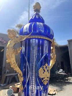 Pair of Hand-Cut Crystal, 24k Gilded Vases with Double-Headed Eagle