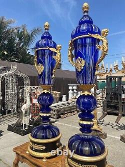 Pair of Hand-Cut Crystal, 24k Gilded Vases with Double-Headed Eagle