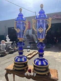 Pair of Hand-Cut Crystal, 24k Gilded Vases with Double-Headed Eagle