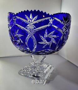 Polonia Crystal, Deep Blue Crystal Hand-Cut To Clear Footed Vase Centerpiece