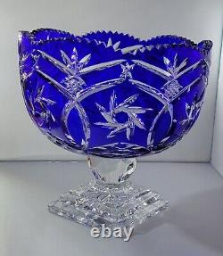 Polonia Crystal, Deep Blue Crystal Hand-Cut To Clear Footed Vase Centerpiece