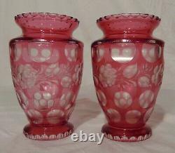Pr. Cranberry Red Bohemian Czech Cut to Clear Crystal Vases Flowers Notched Rim