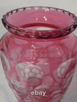 Pr. Cranberry Red Bohemian Czech Cut to Clear Crystal Vases Flowers Notched Rim