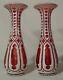 Pr. Cranberry Ruby Bohemian Moser Cut To Clear White Crystal Vases Cased Glass