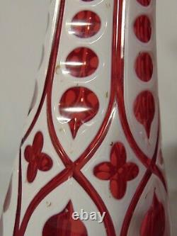 Pr. Cranberry Ruby Bohemian Moser Cut to Clear White Crystal Vases Cased Glass