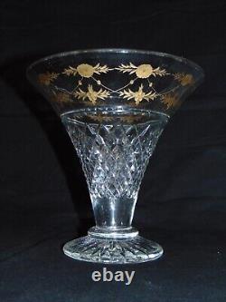 Pr Vintage Conical Cut Crystal Glass Flower Frog Vases Gold Engraving