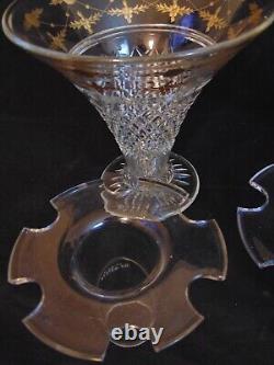 Pr Vintage Conical Cut Crystal Glass Flower Frog Vases Gold Engraving