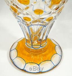 RARE Antique AMBER & BLUE Bohemian Crystal VASE 8 Flash Cut-to-Clear Glass
