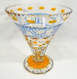RARE Antique AMBER & BLUE Bohemian Crystal VASE 8 Flash Cut-to-Clear Glass