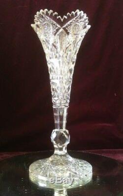 RARE Signed Hawkes ABP Cut Glass Crystal Trumpet Vase 14 Tall