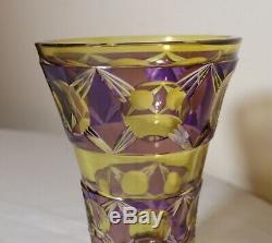 RARE antique Bohemian 3 color cut to clear crystal glass purple yellow vase