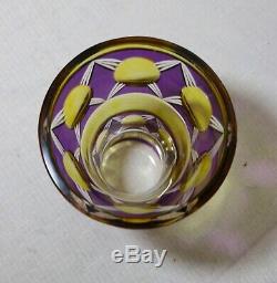 RARE antique Bohemian 3 color cut to clear crystal glass purple yellow vase