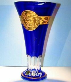 RR CAESAR CRYSTAL FLAGSHIP Blue Vase Cut to Clear Overlay Czech Bohemian Cased