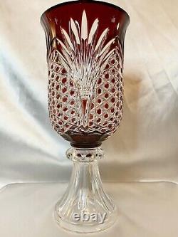 RUBY RED CUT TO CLEAR CRYSTAL VASE PEDESTAL TORCHIERE MINT Czech Bohemian
