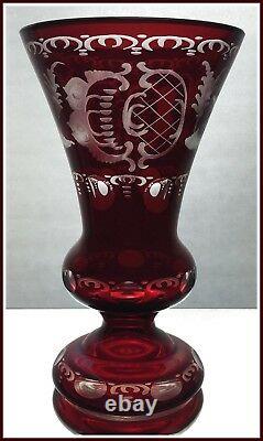 RUBY RED Stained Vase Glass CUT TO CLEAR CRYSTAL Bohemian German DEER & GROUSE