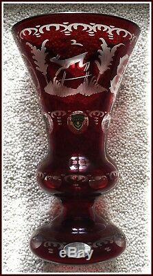 RUBY RED Stained Vase Glass CUT TO CLEAR CRYSTAL Bohemian German DEER & GROUSE