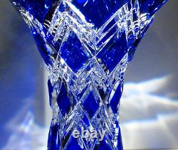 R CAESAR CRYSTAL Marked & Signed Blue Vase Hand Cut to Clear Overlay Czech Cased