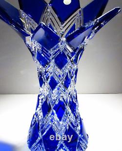 R CAESAR CRYSTAL Marked & Signed Blue Vase Hand Cut to Clear Overlay Czech Cased