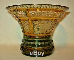 Rare Antique Bohemian Etched Cut To Clear Green & Yellow Crystal Vase
