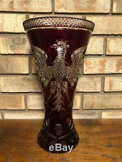 Rare Antique Cut Crystal Ruby Red Art Glass Polish Eagle Trumpet Vase 12 3/4