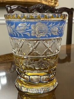 Rare Antq 2 Color Amber & Blue Cut To Clear Crystal Vase Intaglio Roses