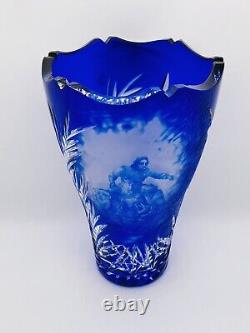 Rare Cobalt Blue Cut to Clear Bohemian Czech Crystal Vase Etched Scene Heavy