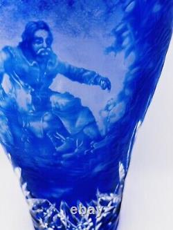Rare Cobalt Blue Cut to Clear Bohemian Czech Crystal Vase Etched Scene Heavy