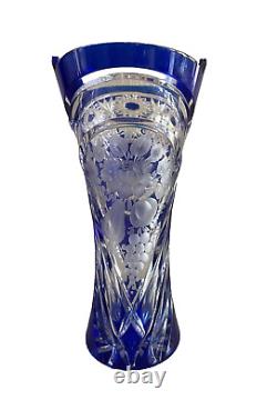 Rare Cobalt Cut to Clear Glass Crystal Vase Fruit Flower Etchings 8.25