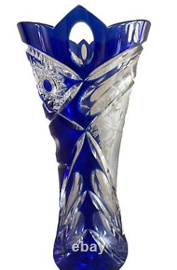 Rare Cobalt Cut to Clear Glass Crystal Vase Fruit Flower Etchings 8.25