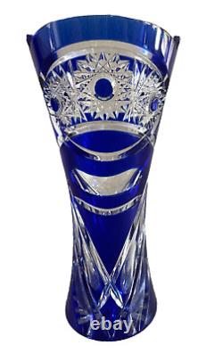 Rare Cobalt Cut to Clear Glass Crystal Vase Fruit Flower Etchings 8.25